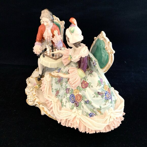 Dresden Volkstedt Porcelain Lace Couple Playing Chess 10" Wide Antique Victorian - Picture 9 of 16